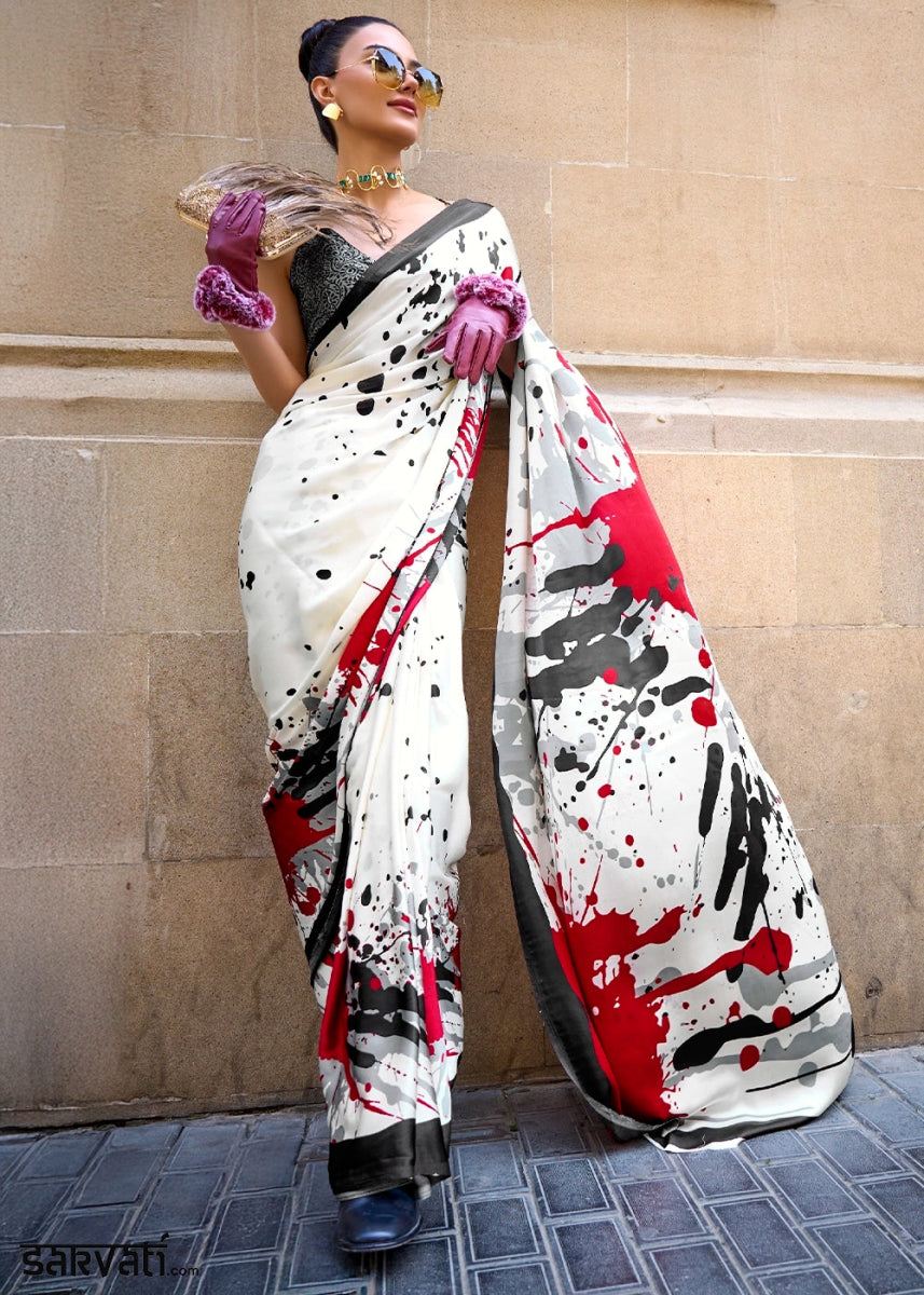 Pearl White Lightweight Printed Saree in Satin Crepe - House of Sarvati LLC