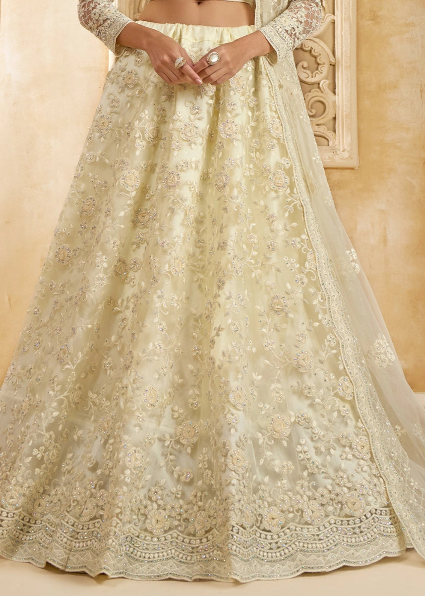 Pearl White Net Lehenga Choli with Handcrafted Cording, Thread, and Stone Work - House of Sarvati LLC