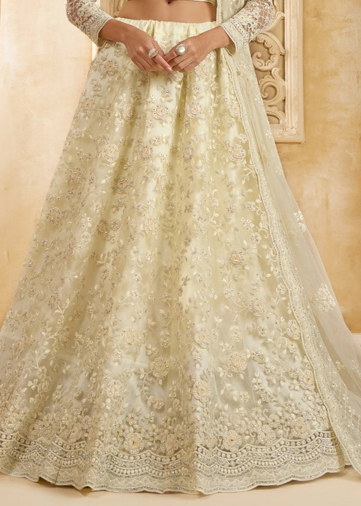 Pearl White Net Lehenga Choli with Handcrafted Cording, Thread, and Stone Work - House of Sarvati LLC