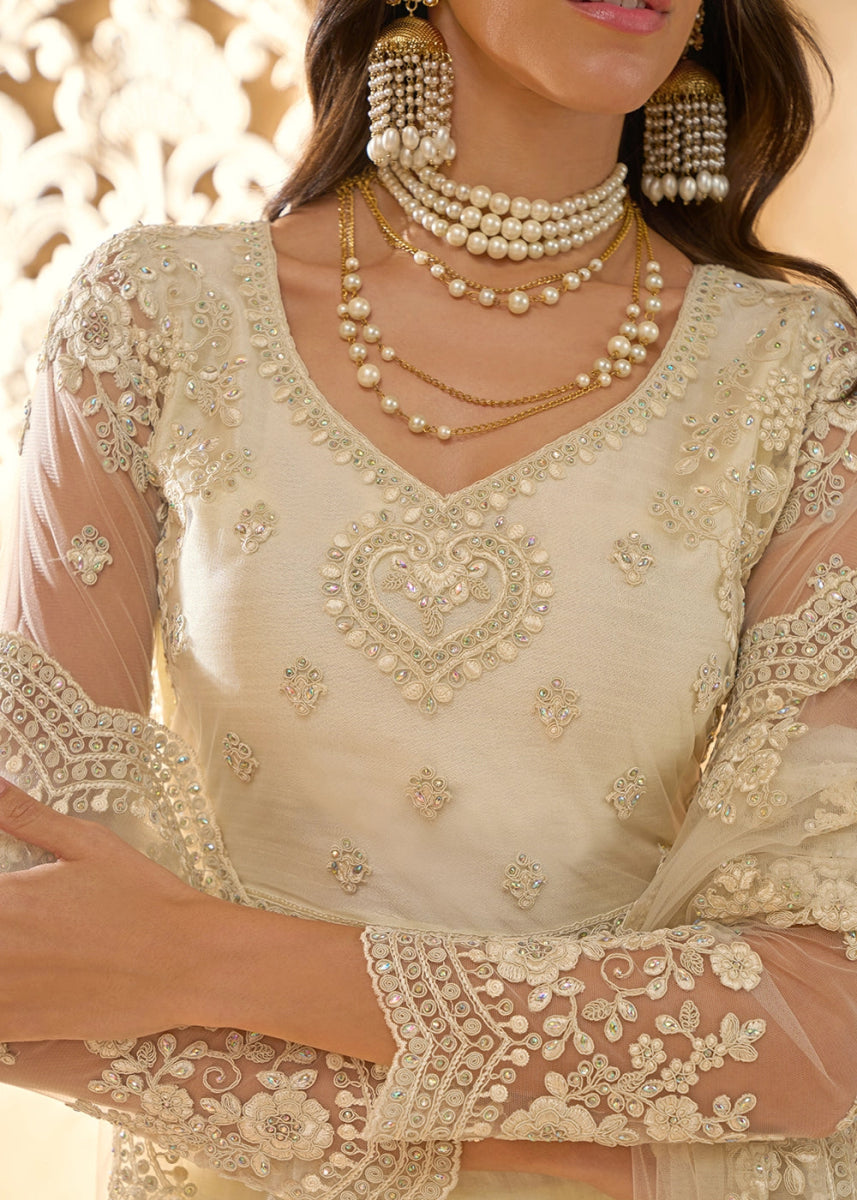 Pearl White Net Lehenga Choli with Handcrafted Cording, Thread, and Stone Work - House of Sarvati LLC