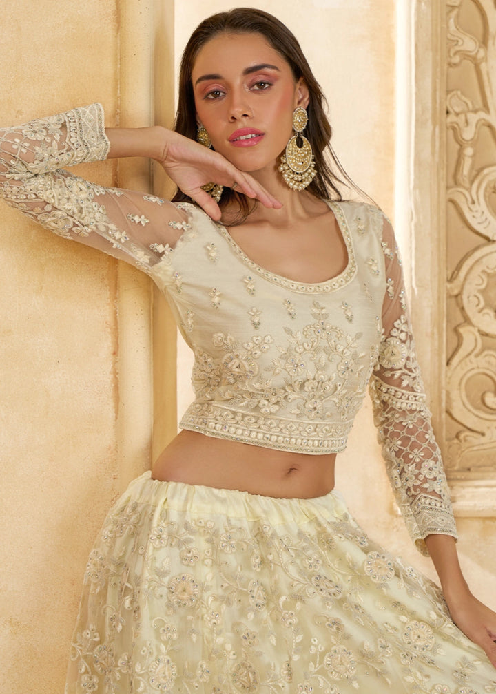 Pearl White Net Lehenga Choli with Handcrafted Cording, Thread, and Stone Work - House of Sarvati LLC