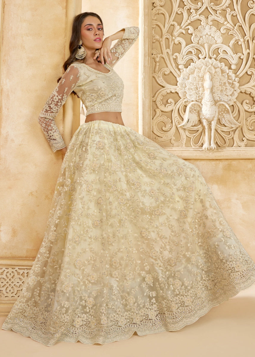 Pearl White Net Lehenga Choli with Handcrafted Cording, Thread, and Stone Work - House of Sarvati LLC