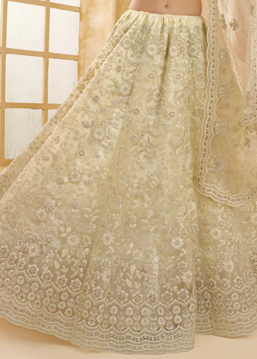 Pearl White Net Lehenga Choli with Handcrafted Cording, Thread, and Stone Work - House of Sarvati LLC