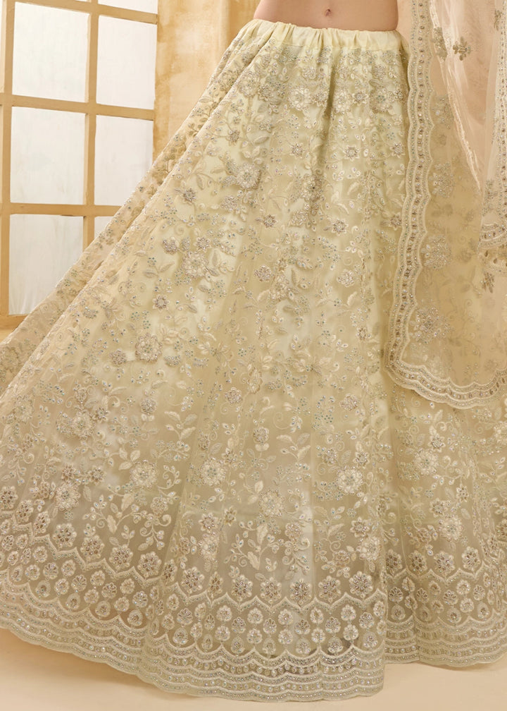 Pearl White Net Lehenga Choli with Handcrafted Cording, Thread, and Stone Work - House of Sarvati LLC