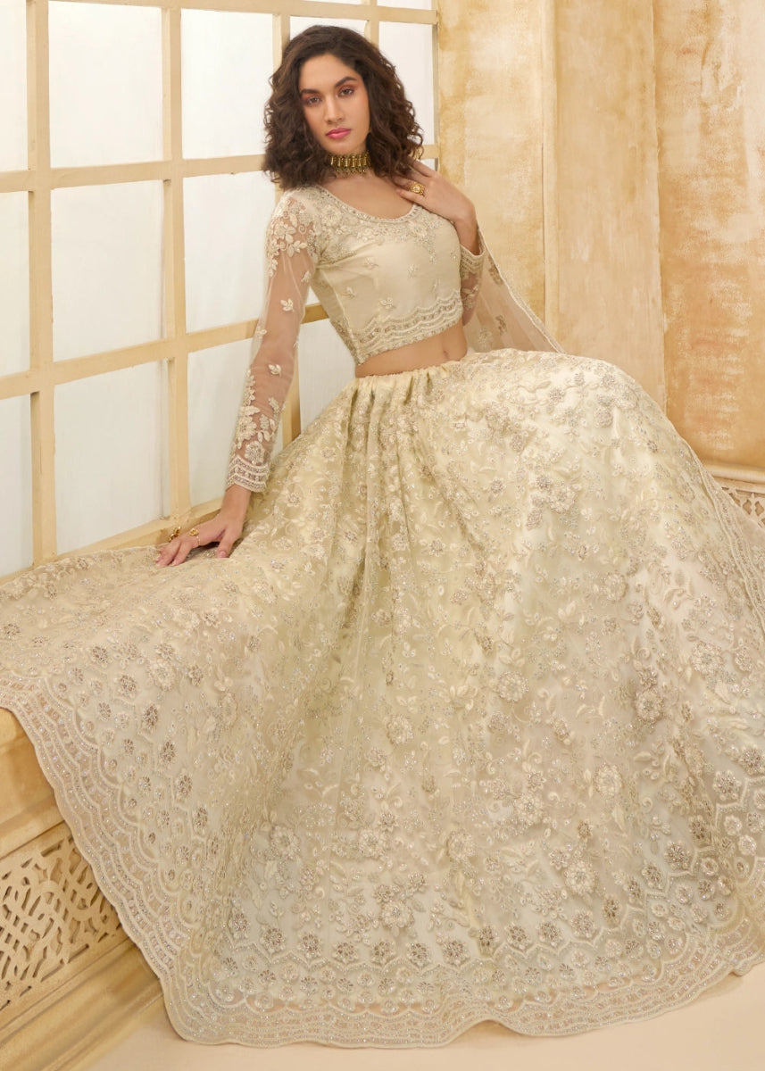 Pearl White Net Lehenga Choli with Handcrafted Cording, Thread, and Stone Work - House of Sarvati LLC