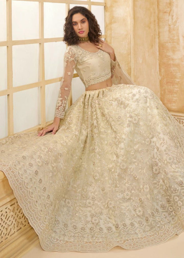 Pearl White Net Lehenga Choli with Handcrafted Cording, Thread, and Stone Work - House of Sarvati LLC