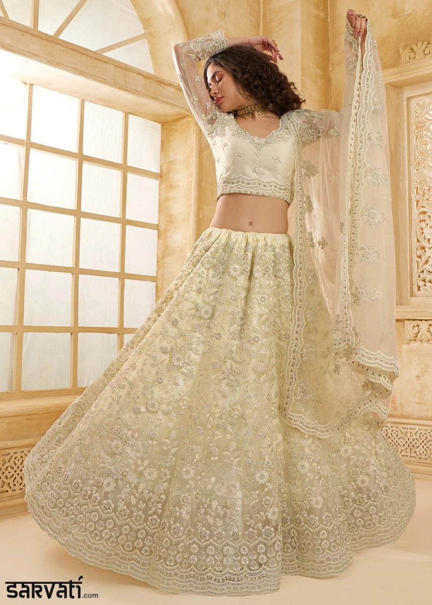 Pearl White Net Lehenga Choli with Handcrafted Cording, Thread, and Stone Work - House of Sarvati LLC