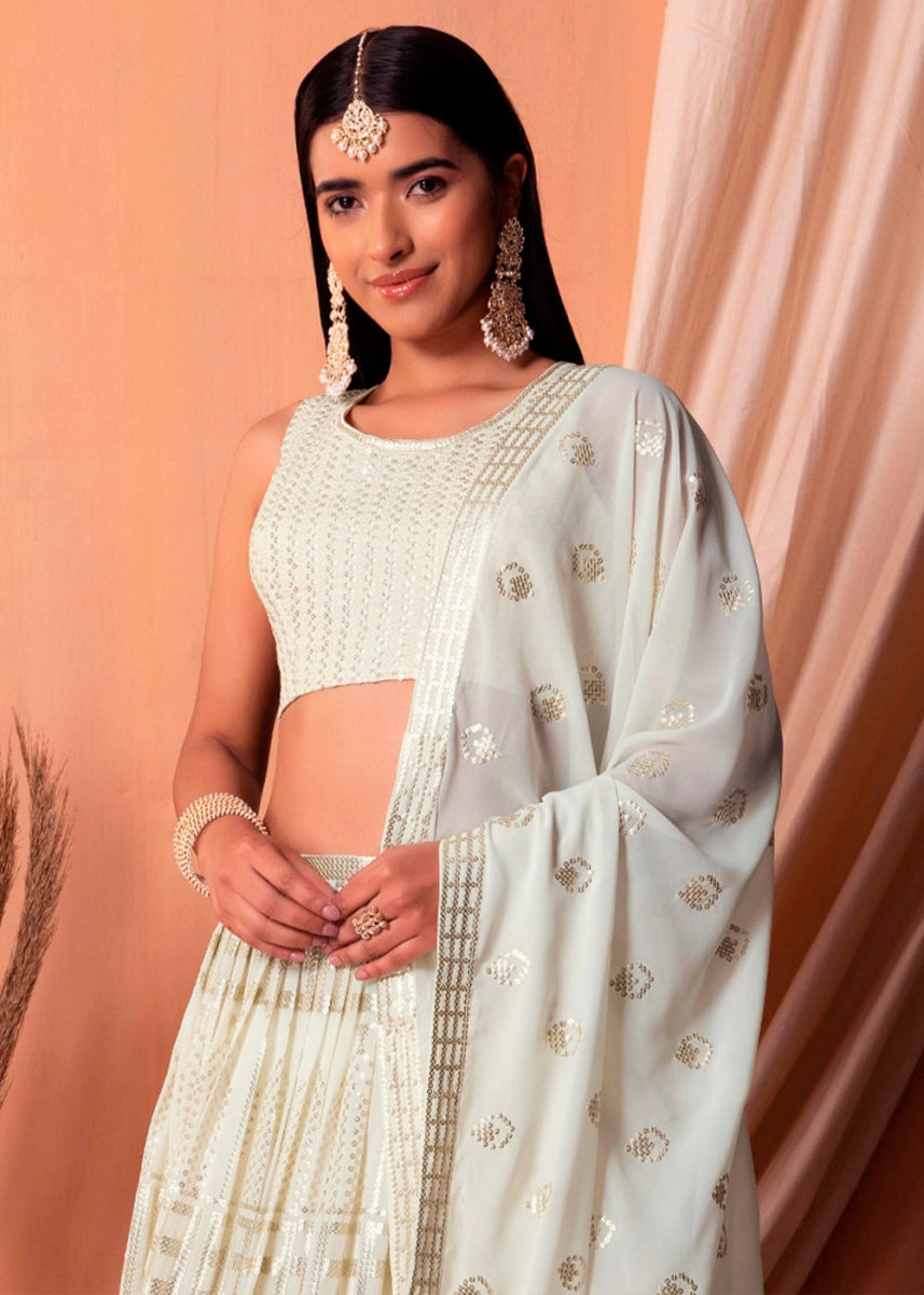 Pearl White Net Lehenga Choli with Handcrafted Sequins – Bridesmaids & Festive Wear - House of Sarvati LLC