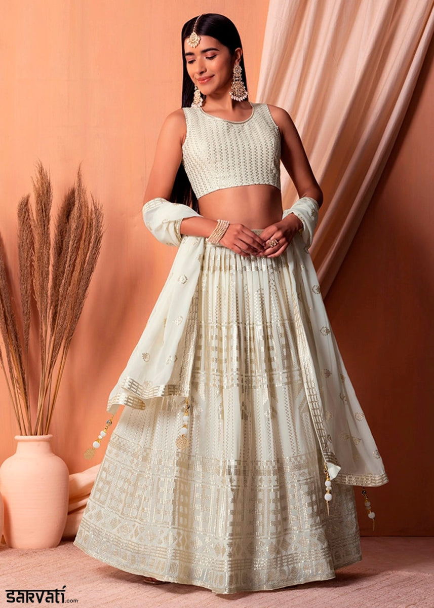 Pearl White Net Lehenga Choli with Handcrafted Sequins – Bridesmaids & Festive Wear - House of Sarvati LLC