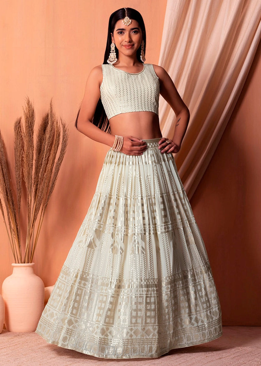 Pearl White Net Lehenga Choli with Handcrafted Sequins – Bridesmaids & Festive Wear - House of Sarvati LLC