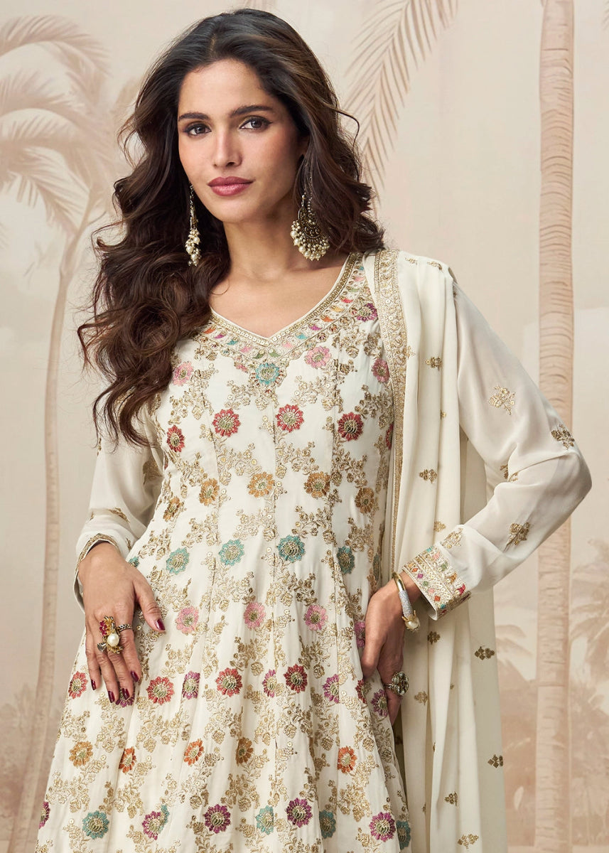 Pearl White Purple Georgette Palazzo Suit with Exquisite Embroidery - House of Sarvati LLC