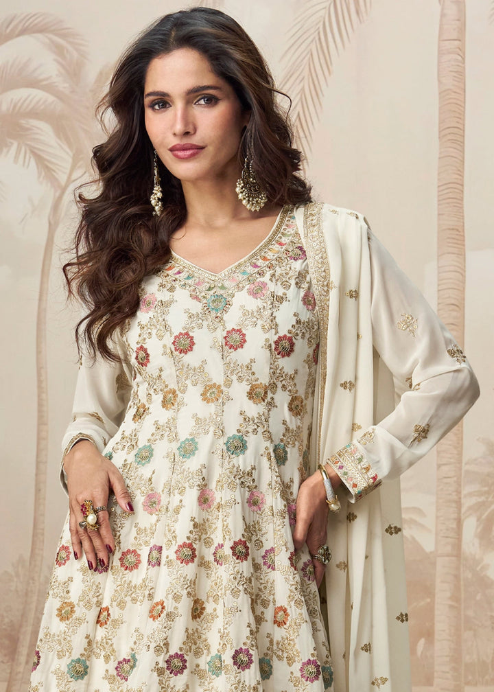 Pearl White Purple Georgette Palazzo Suit with Exquisite Embroidery - House of Sarvati LLC