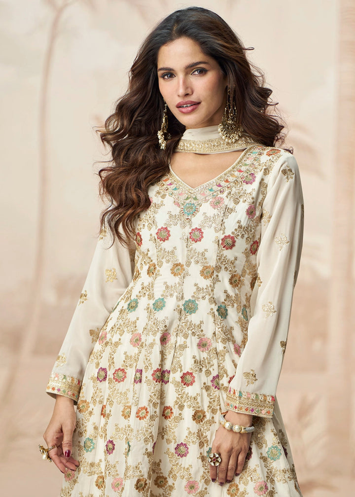 Pearl White Purple Georgette Palazzo Suit with Exquisite Embroidery - House of Sarvati LLC