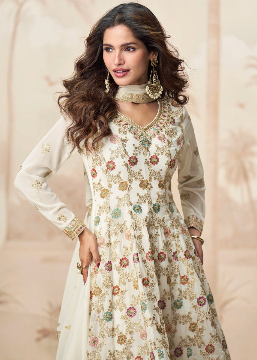 Pearl White Purple Georgette Palazzo Suit with Exquisite Embroidery - House of Sarvati LLC