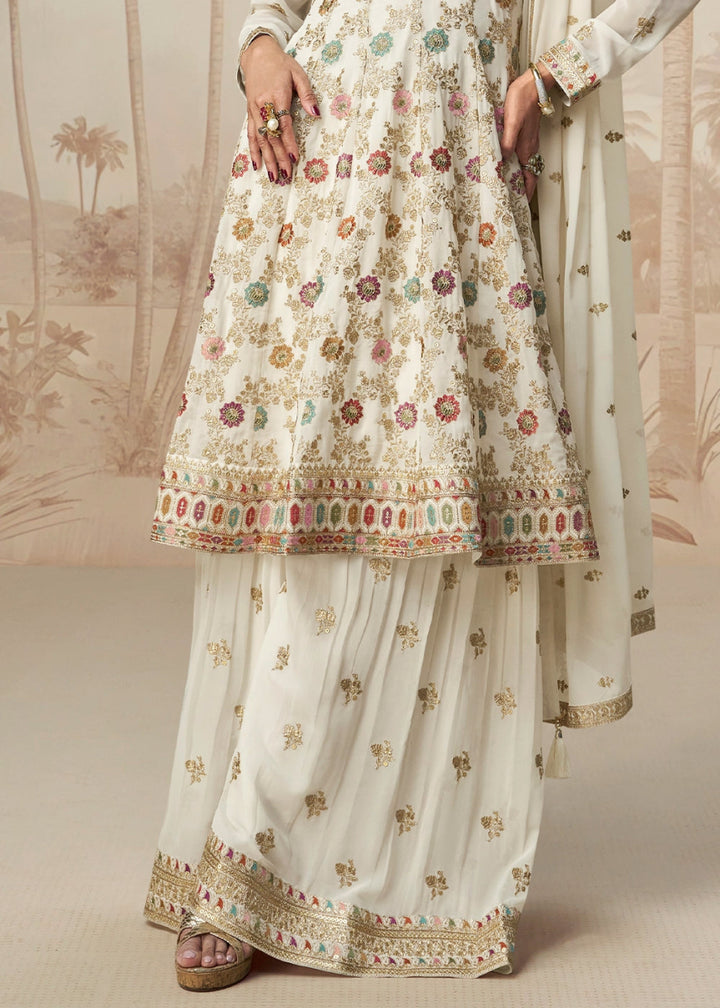 Pearl White Purple Georgette Palazzo Suit with Exquisite Embroidery - House of Sarvati LLC