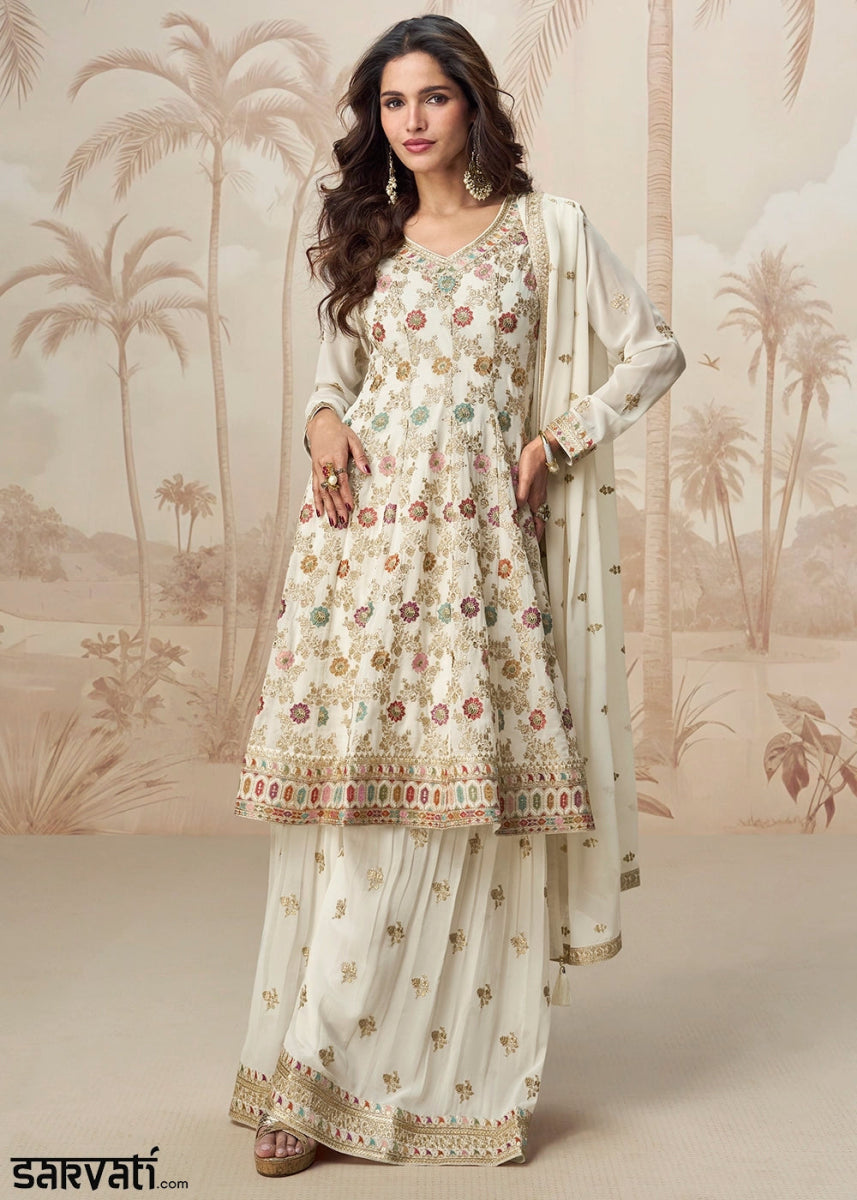 Pearl White Purple Georgette Palazzo Suit with Exquisite Embroidery - House of Sarvati LLC