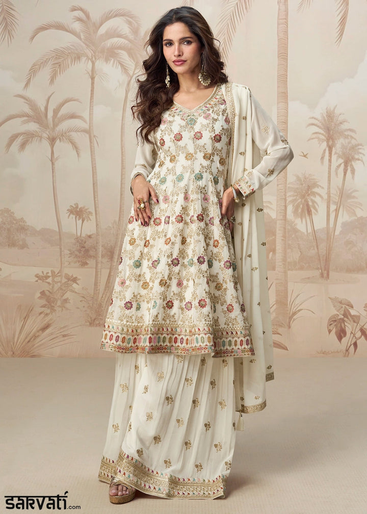 Pearl White Purple Georgette Palazzo Suit with Exquisite Embroidery - House of Sarvati LLC