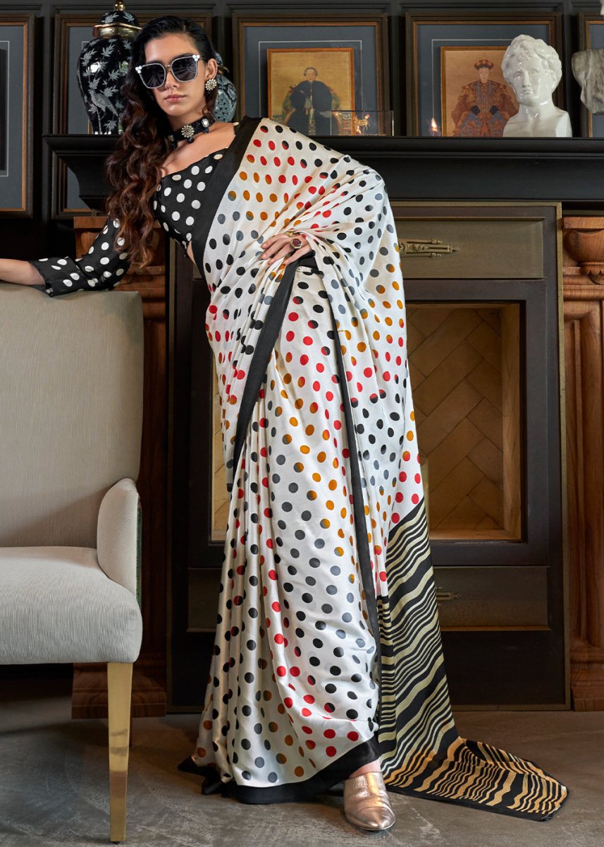 Pearl White Satin Crepe Saree with Traditional Patola Print - House of Sarvati LLC