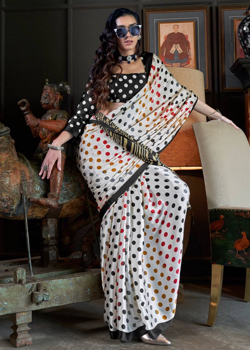 Pearl White Satin Crepe Saree with Traditional Patola Print - House of Sarvati LLC