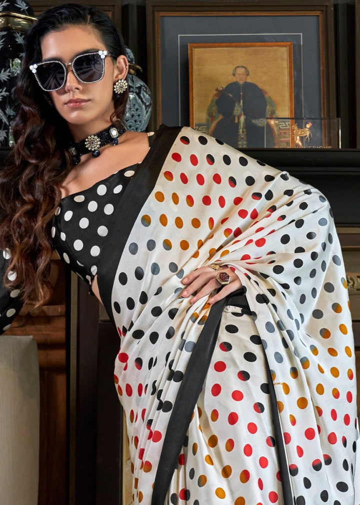 Pearl White Satin Crepe Saree with Traditional Patola Print - House of Sarvati LLC