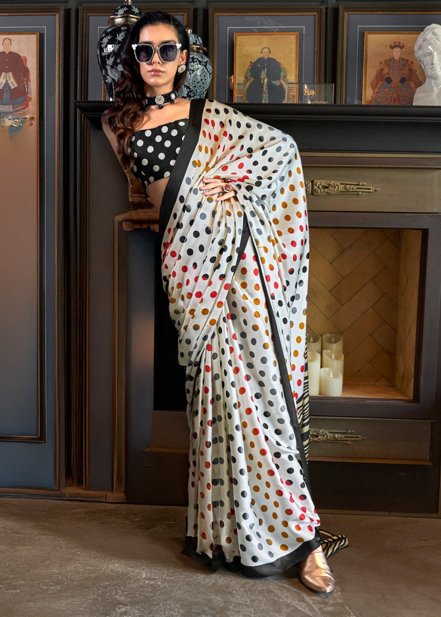 Pearl White Satin Crepe Saree with Traditional Patola Print - House of Sarvati LLC