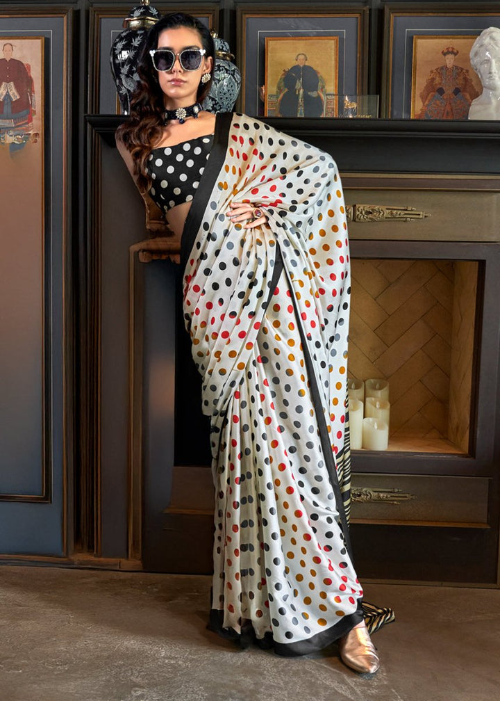 Pearl White Satin Crepe Saree with Traditional Patola Print - House of Sarvati LLC