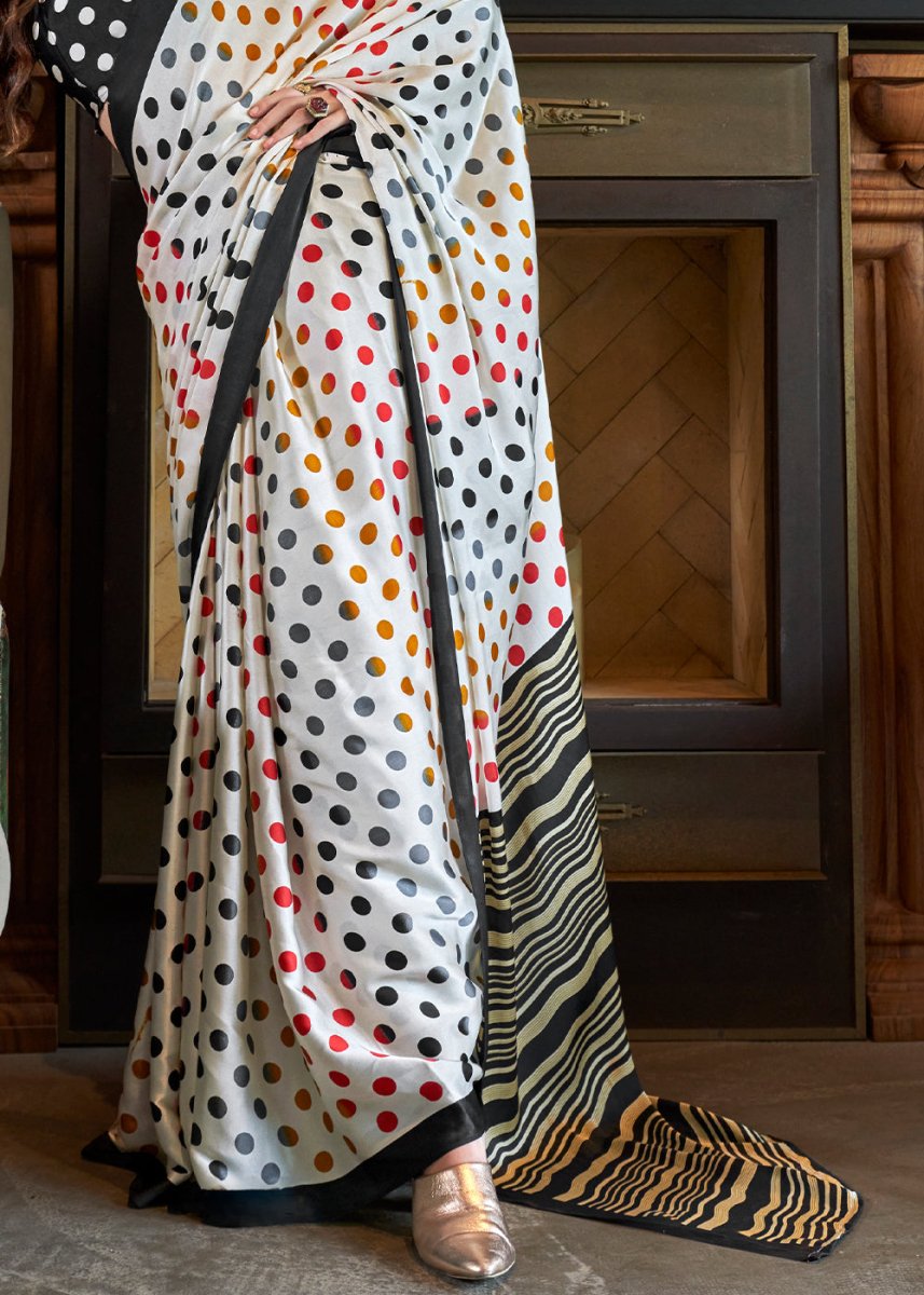 Pearl White Satin Crepe Saree with Traditional Patola Print - House of Sarvati LLC