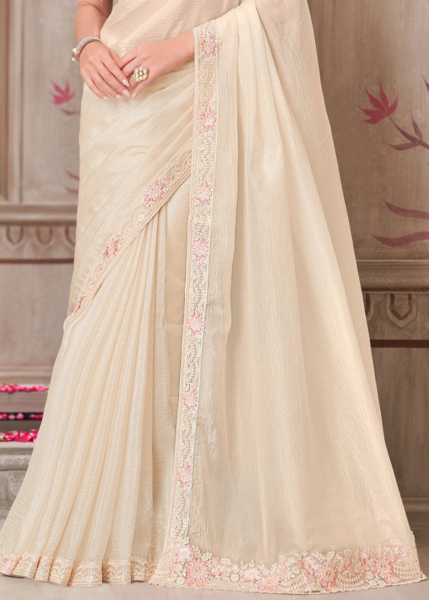 Pearl White Satin Silk Saree With Detailed Embroidery And Luxe Appeal - House of Sarvati LLC