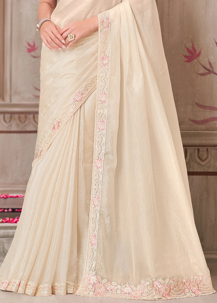 Pearl White Satin Silk Saree With Detailed Embroidery And Luxe Appeal - House of Sarvati LLC
