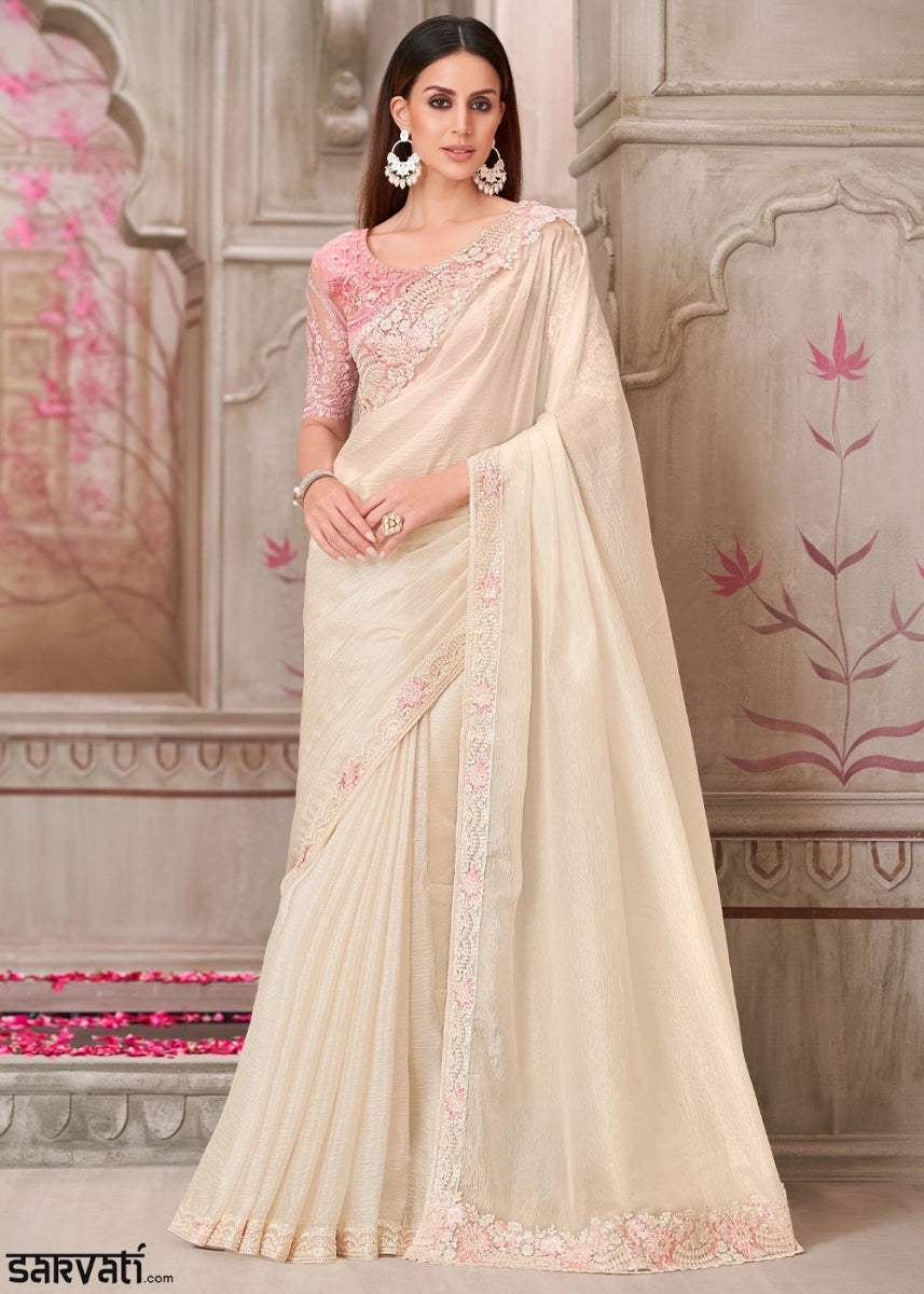 Pearl White Satin Silk Saree With Detailed Embroidery And Luxe Appeal - House of Sarvati LLC