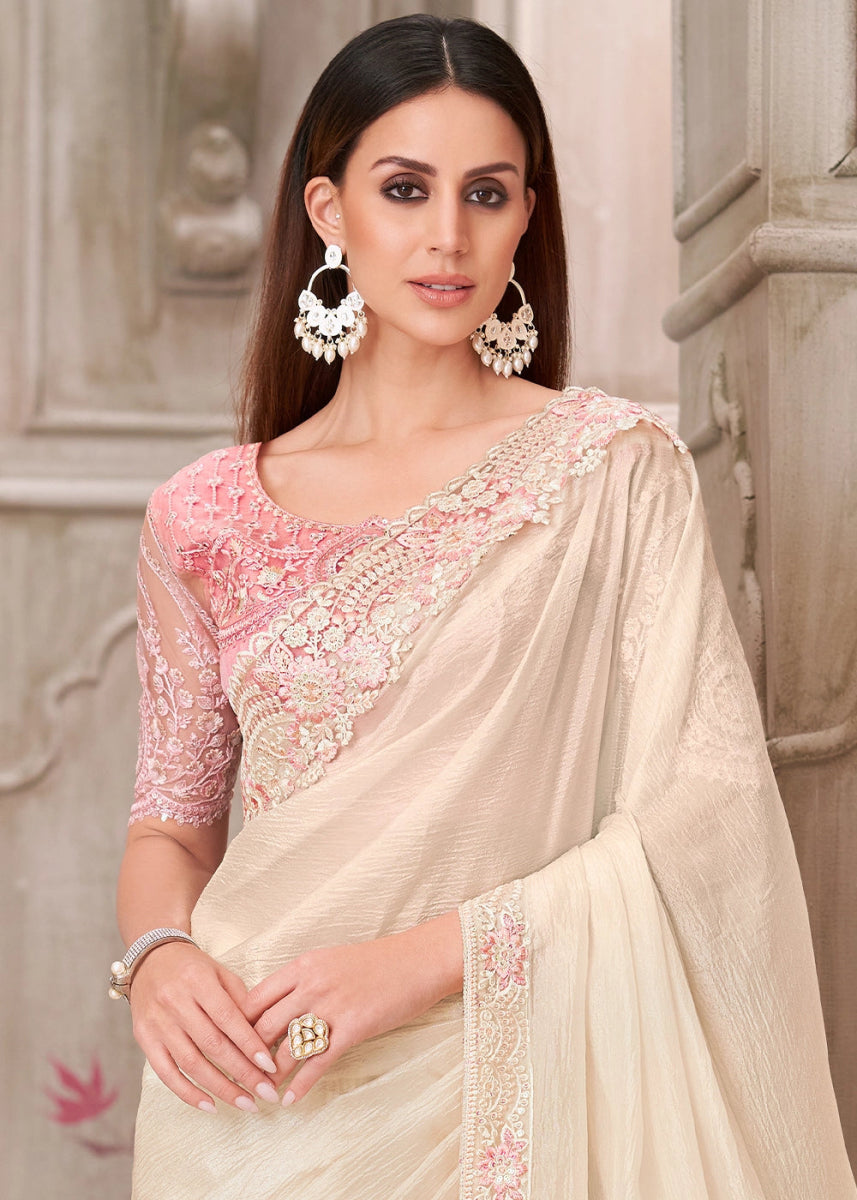 Pearl White Satin Silk Saree With Detailed Embroidery And Luxe Appeal - House of Sarvati LLC