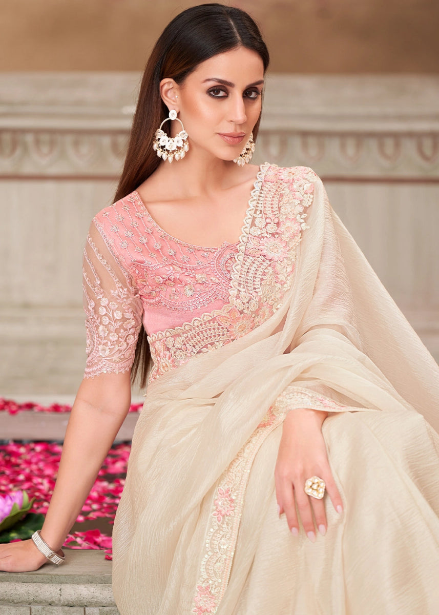 Pearl White Satin Silk Saree With Detailed Embroidery And Luxe Appeal - House of Sarvati LLC