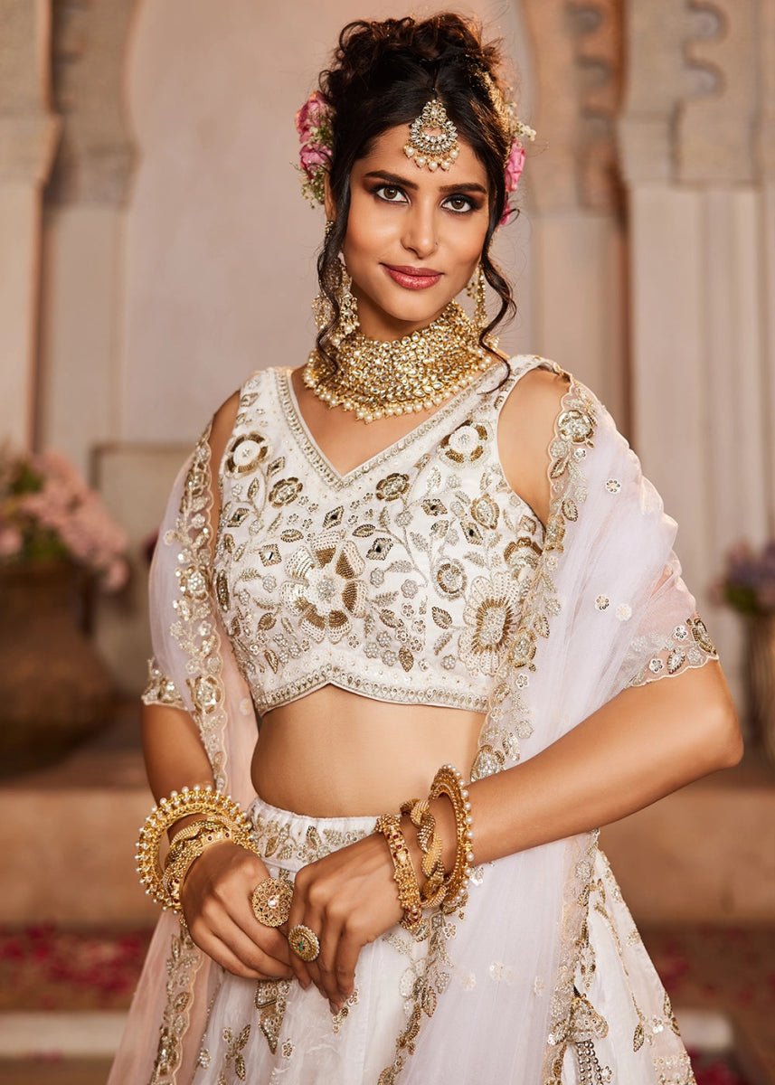 Pearl White Tissue Lehenga with Ornate Beads & Stone Handwork - House of Sarvati LLC
