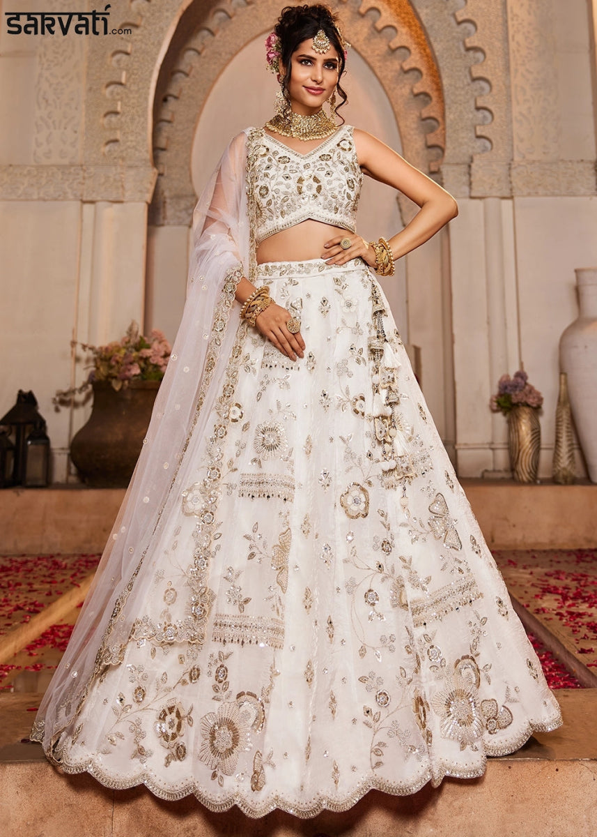 Pearl White Tissue Lehenga with Ornate Beads & Stone Handwork - House of Sarvati LLC