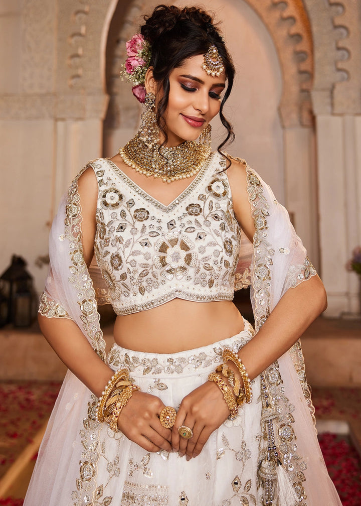 Pearl White Tissue Lehenga with Ornate Beads & Stone Handwork - House of Sarvati LLC