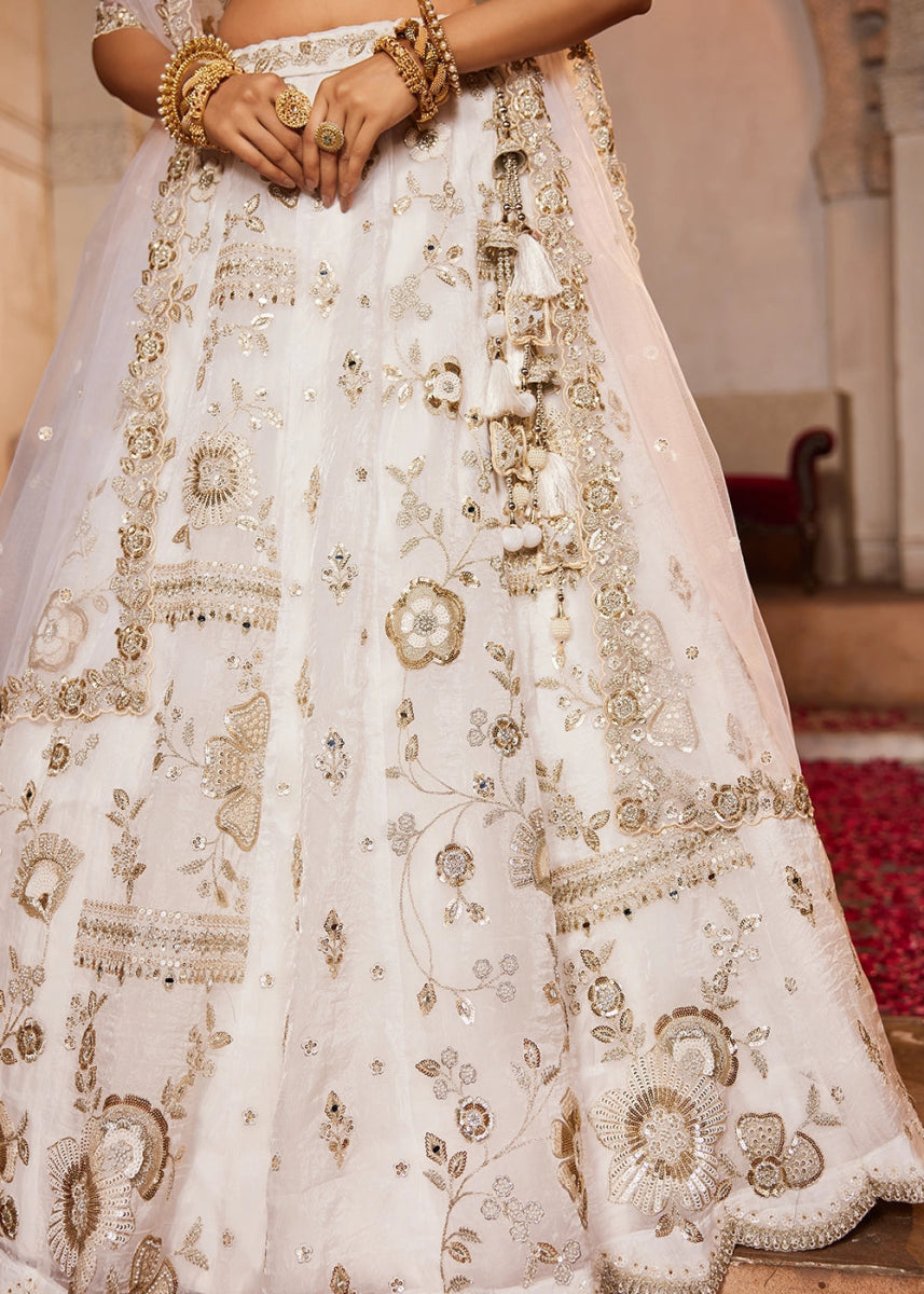 Pearl White Tissue Lehenga with Ornate Beads & Stone Handwork - House of Sarvati LLC