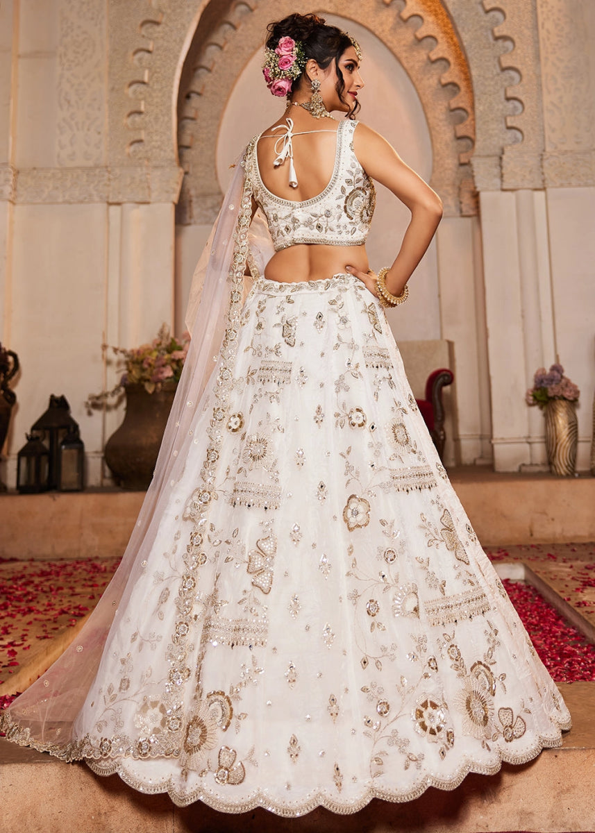 Pearl White Tissue Lehenga with Ornate Beads & Stone Handwork - House of Sarvati LLC