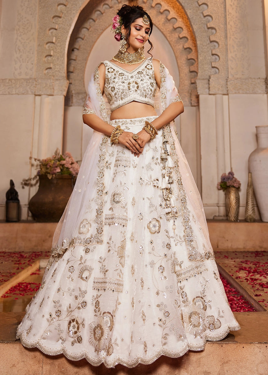 Pearl White Tissue Lehenga with Ornate Beads & Stone Handwork - House of Sarvati LLC
