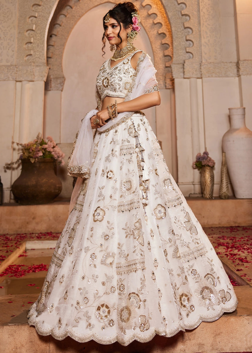 Pearl White Tissue Lehenga with Ornate Beads & Stone Handwork - House of Sarvati LLC