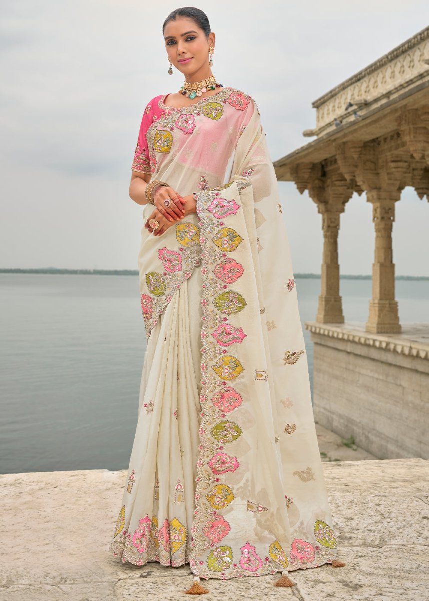 Pearl White Viscose Silk Saree with Intricate Cutwork & Embroidery - House of Sarvati LLC