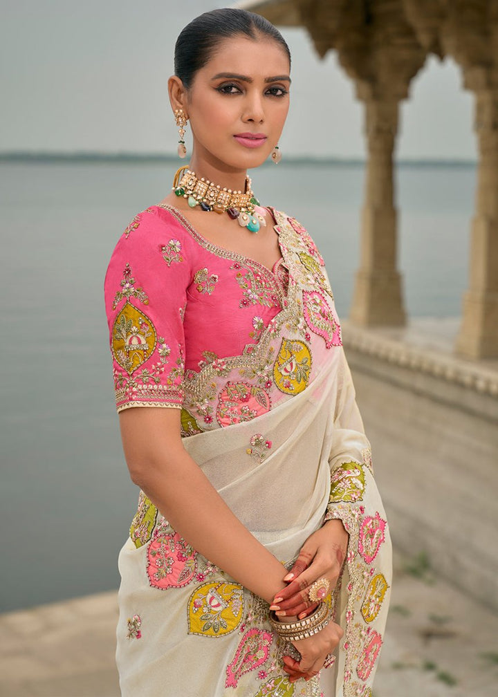 Pearl White Viscose Silk Saree with Intricate Cutwork & Embroidery - House of Sarvati LLC