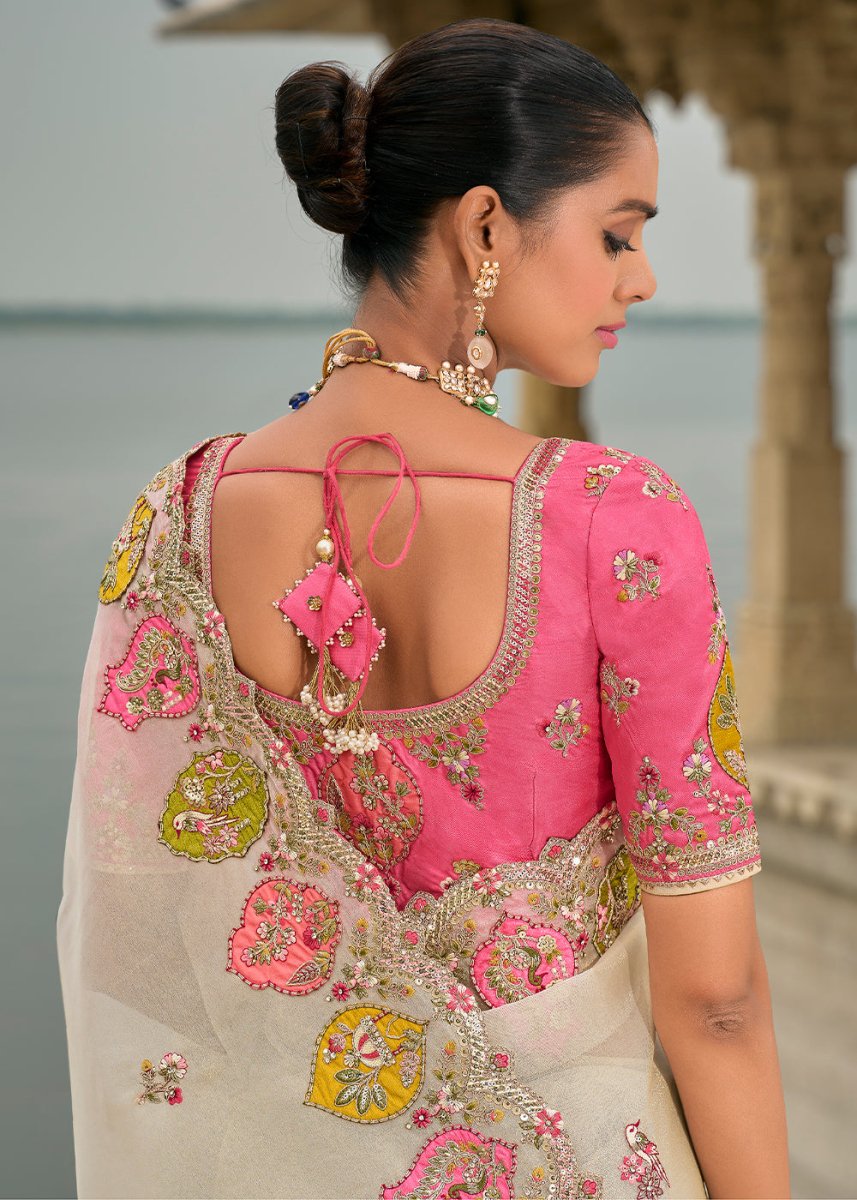Pearl White Viscose Silk Saree with Intricate Cutwork & Embroidery - House of Sarvati LLC