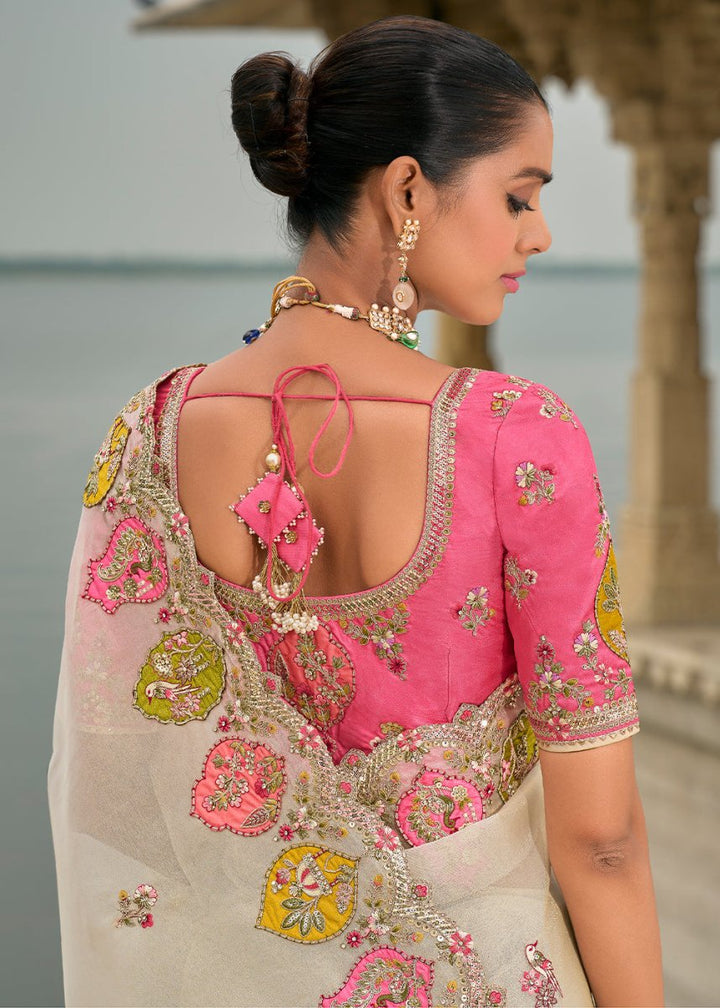 Pearl White Viscose Silk Saree with Intricate Cutwork & Embroidery - House of Sarvati LLC