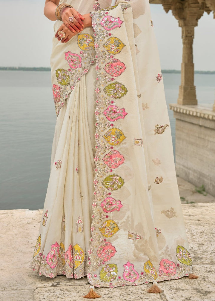Pearl White Viscose Silk Saree with Intricate Cutwork & Embroidery - House of Sarvati LLC