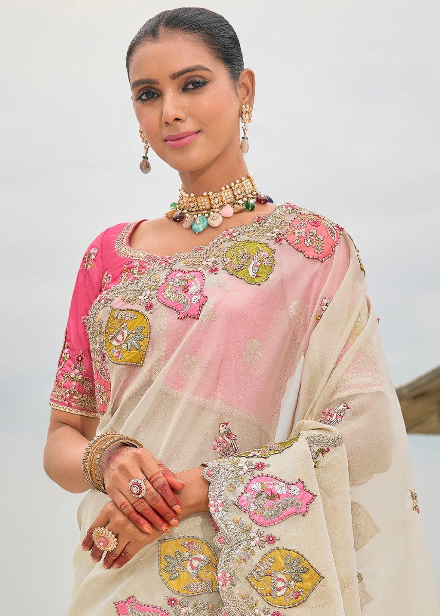 Pearl White Viscose Silk Saree with Intricate Cutwork & Embroidery - House of Sarvati LLC