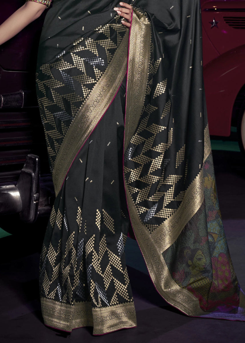 Pebble Black Banarasi Silk Saree with Opulent Zari Work & Embellished Blouse - House of Sarvati LLC