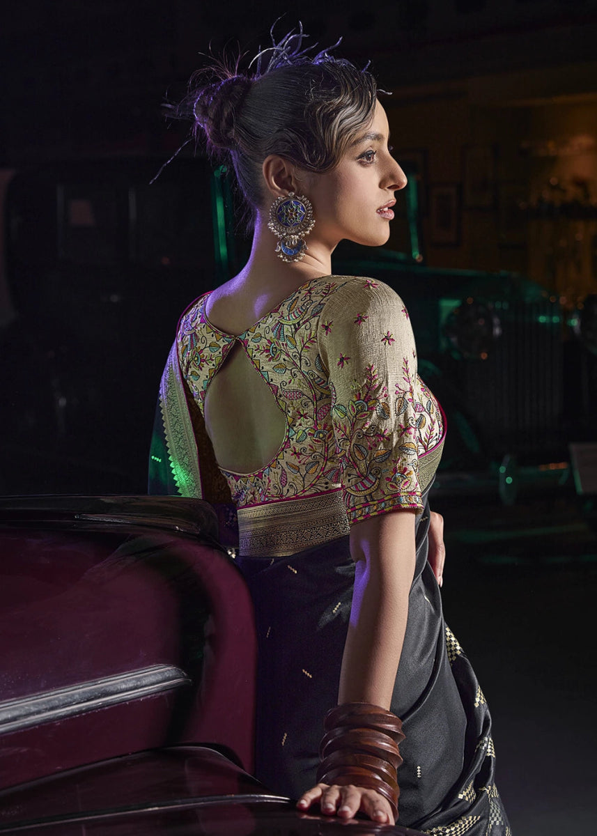 Pebble Black Banarasi Silk Saree with Opulent Zari Work & Embellished Blouse - House of Sarvati LLC