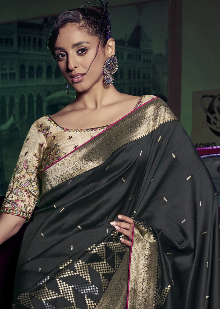 Pebble Black Banarasi Silk Saree with Opulent Zari Work & Embellished Blouse - House of Sarvati LLC
