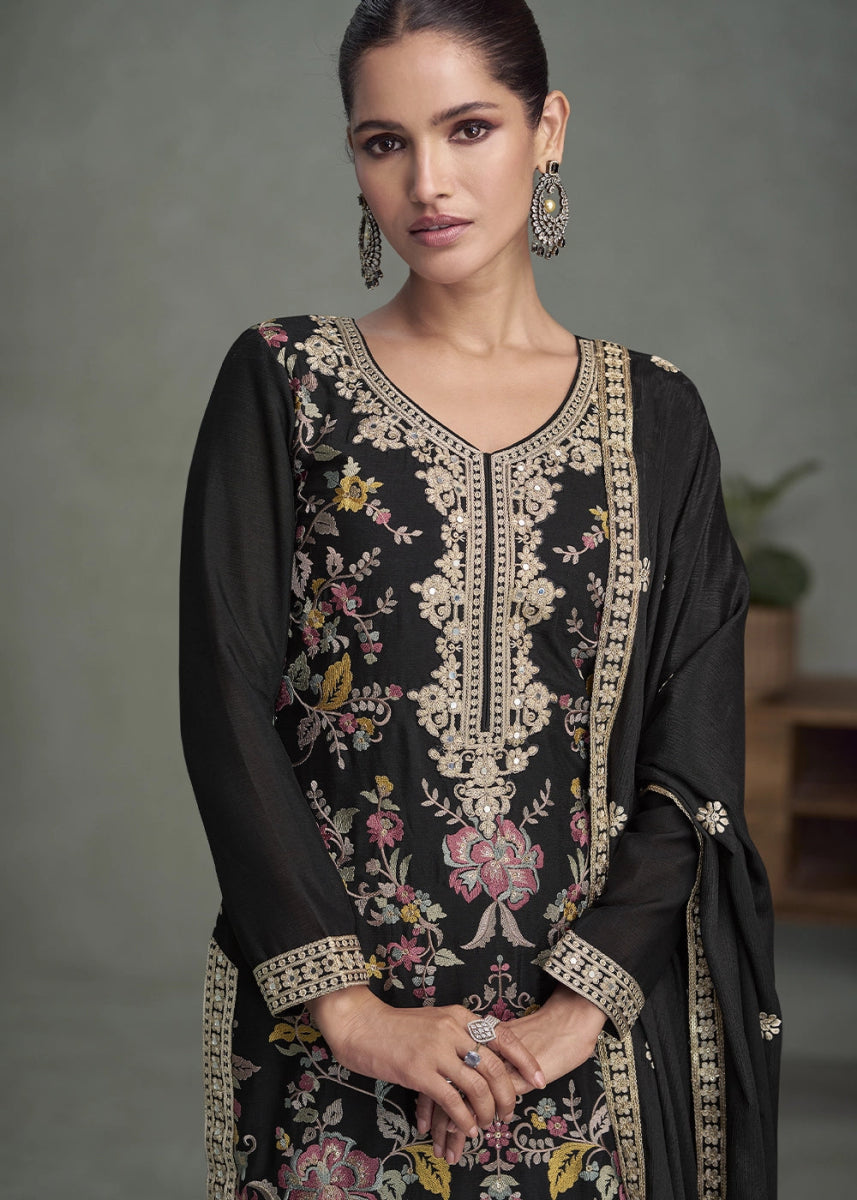 Pebble Black Chinon Silk Palazzo Suit with Delicate Floral Work - House of Sarvati LLC