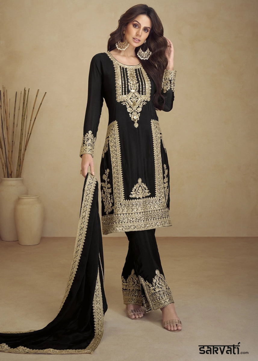 Pebble Black Designer Pant Suit in Chinon Silk with Luxe Embroidered Finish - House of Sarvati LLC